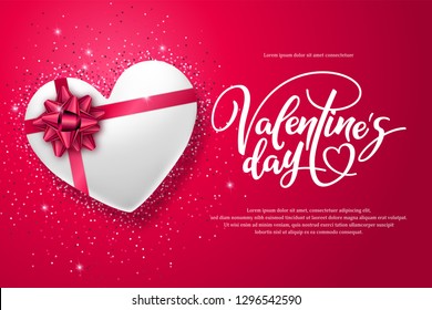 Valentine's day poster. Holiday banner with white heart, pink bow and lettering. Template for a banner, poster, shopping, discount, invitation. Vector illustration for your design