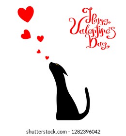 Valentine's Day Poster of Holiday Card with Cat, Hearts and Lettering Text. Vector Illustration.