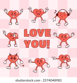 Valentine's Day poster. The inscription I love you. A set of hearts mascots in retro style. Aesthetics of the 70s, disco style. Cheerful characters dancing