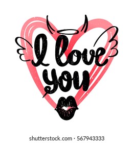 Valentines day poster. I love you. Shape heart, black kiss lips. Romantic wallpaper for girls, fashion, holidays card, t shirt