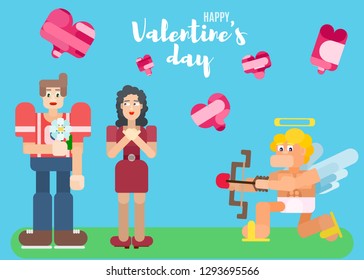 Valentine's Day poster with lovers in flat style vector
