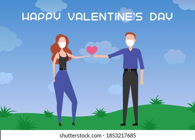 Valentines Day poster. Lovers in masks on date. Vector illustration.