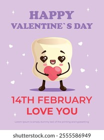  Valentine's Day poster with marshmallow character in kawaii style. Funny vector illustration