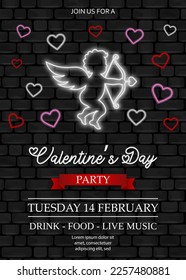 valentine's day poster with neon cupid with bow and hearts. valentine's day background with neon elements on dark wall