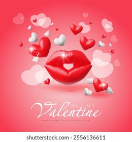 Valentine's Day Poster on Vector 3D Illustration with inflatable design, red lips and hearts. Bokeh effects. Floating hearts with wings and arrow. Postcard or flyer. Cartoon style.