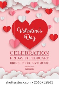 valentine's day poster with paper hearts and clouds. valentine flyer