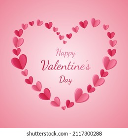 Valentine's day poster with pink paper hearts and clouds. Paper 3d style. Holiday card, vector illustration for your design. Vector EPS 10