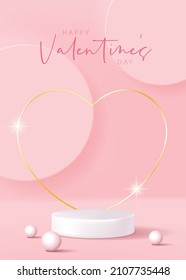 Valentine's day poster for product demonstration. White pedestal or podium with pearls on pink background.