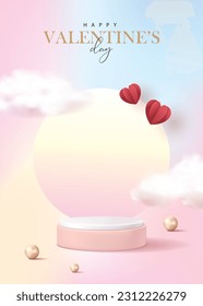 Valentine's day poster for product demonstration. Pink pedestal or podium with pearls, cloud and flying hearts on abstract background.