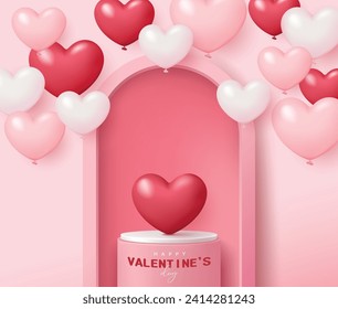 Valentine's day poster for product demonstration. Pink pedestal or podium with heart-shaped balloons on pink background.