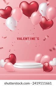 Valentine's day poster for product demonstration. White pedestal or podium with balloons and confetti on pink background.