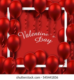 Valentine`s Day poster with red  balloons on frame.