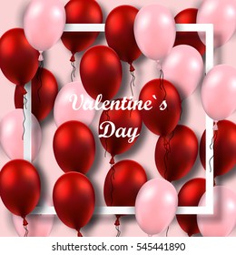 Valentine`s Day poster with red  balloons on frame.