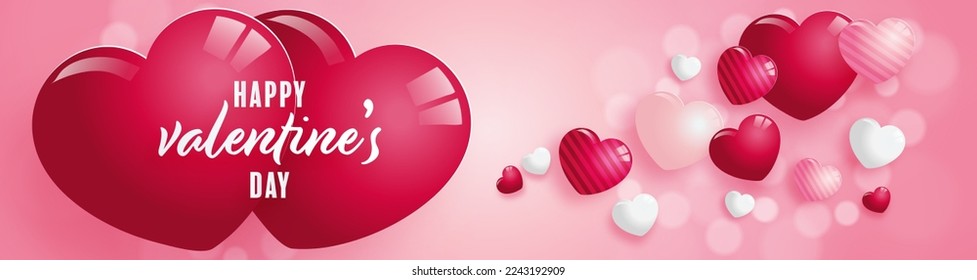 Valentines day  poster with red and pink hearts on background.
