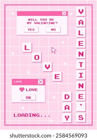 Valentine's Day poster with retro buttons and message pop-ups. Old computer aesthetic