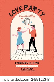 Valentine's Day poster in retro style. Featuring a dancing couple under a disco ball, it's perfect for promoting Valentine's events at clubs or parties.