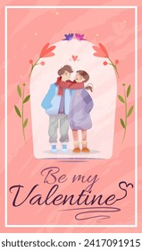 Valentines day poster. Romantic cover with couple in love on date, hearts and blooming flowers. Relationships, feelings and tenderness. Greeting card for February 14. Cartoon flat vector illustration