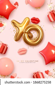 Valentines Day poster. Romantic creative Background Realistic 3d festive decorative objects, red lips, heart shaped balloons, XO symbol, falling gift box, glitter gold confetti. Holiday web banner