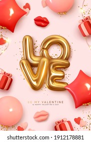 Valentines Day poster. Romantic creative Background Realistic 3d festive decorative objects, red lips, heart shaped balloon, love word text, falling gift box, glitter gold confetti. Holiday web banner