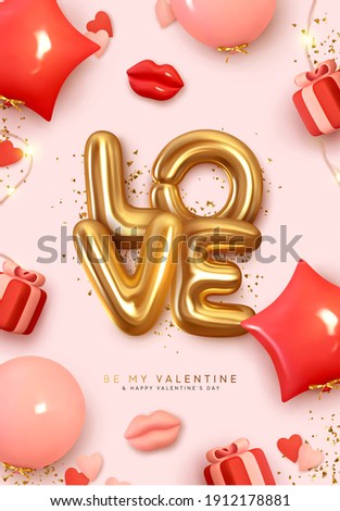 Valentines Day poster. Romantic creative Background Realistic 3d festive decorative objects, red lips, heart shaped balloon, love word text, falling gift box, glitter gold confetti. Holiday web banner