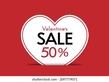 Valentine's day poster. Valentine's day sale offer, banner template. Pink heart with lettering, isolated on Red background. Shop market poster design.