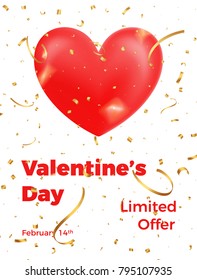 Valentines Day. Poster for Valentine's sale, promo etc. Glossy heart, gold confetti and trendy typography