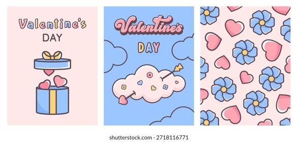 Valentine's day poster set. Background, card or flyer template. Gift box with hearts and ribbon, cupid arrow, flower. Doodle hand drawn Valentine elements for party, holiday design template. Vector