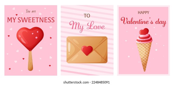 Valentine's day poster set with cute ice cream, envelope and abstract background. Editable vector illustration for website, invitation and sticker. Card, postcard, print.