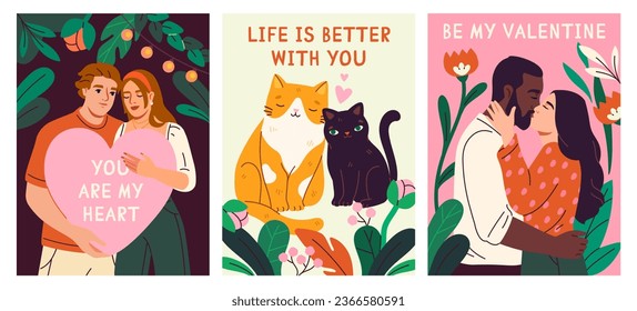 Valentines day poster set. Cute romantic greeting cards with kissing couples in love, pink hearts and fluffy kittens. February 14 holiday. Cartoon flat vector collection isolated on white background