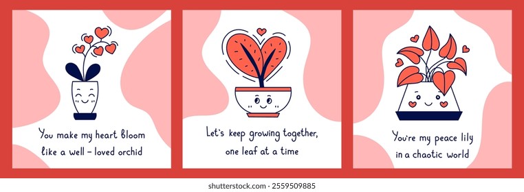 Valentines day Poster Set with Funny Text. Valentine cards collection with romantic potted flower characters with love phrases. Vector illustration