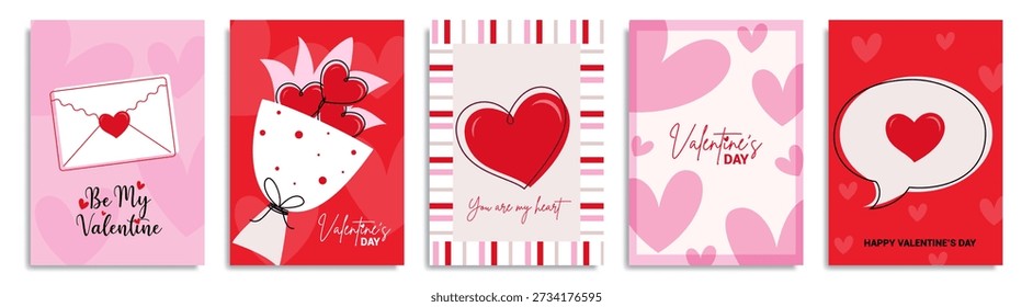 Valentine's Day poster Set, greeting card, invitation card, cover, sale promotion, pattern background with hand drawn love letter, sweet hearts, flowers bouquet and typography design. trendy design