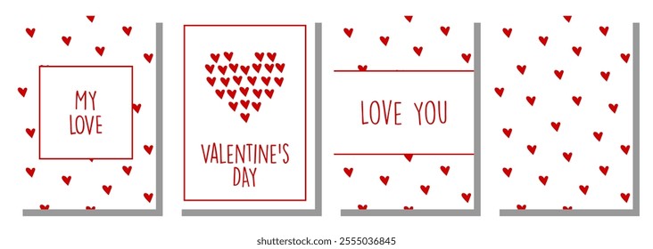 Valentine's Day Poster Set. Lovely vector cards for romantic holidays, Valentines design, prints. Lovely posters set. Romantic cards, templates, brochures with confession of love. Vector with hearts