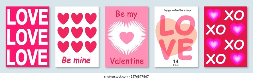 Valentine's Day poster set, modern greeting card, label, banner, trendy minimalist cover with typography design and hearts for Valentine's Day party, cute love sale promotion templates design