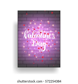 Valentines Day poster with shiny lights, heart petals and calligraphy. Valentines Day lettering