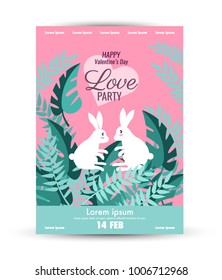 Valentine's Day  poster template. 
Cute rabbit couple together in the jungle background Design base on A3 size. vector illustration