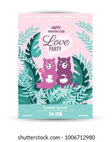 Valentine's Day  poster template. 
Cute bear couple together in the jungle background Design base on A3 size. vector illustration