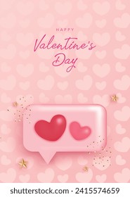 Valentine's Day poster template with message box, red and pink hearts, confetti, stars and calligraphic lettering. Realistic vector illustration for background, social media, sale, promo, discount, ad