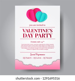 Valentine's day poster template with origami of hearth and cloud style paper craft. Vector illustration