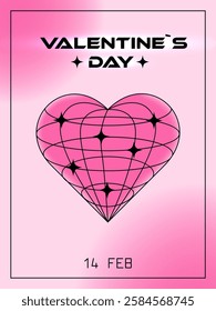 Valentine's Day poster with wireframe heart decorated with stars, y2k style