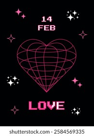 Valentine's day poster in y2k style with wireframe heart. Retro-futuristic aesthetic from the 2000s