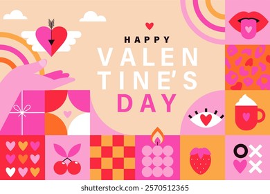 Valentines Day poster,flyer for holiday. Romantic minimalist design banner with symbols of love in modern trendy geometric style. Template for web,social media,cover, sale promotion templates.Vector