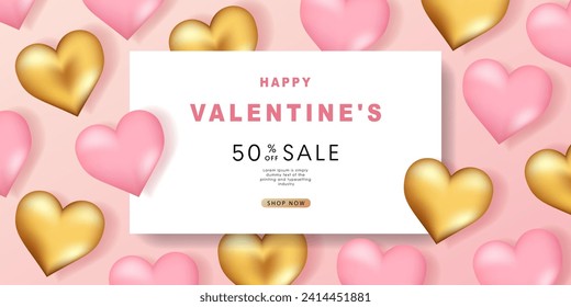 Valentine's day posters. 3d hearts background with place for text. Romantic sale banners templates, vouchers or invitation cards. Vector illustration.