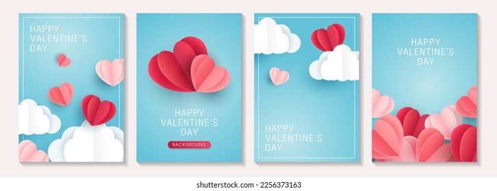 Afiches o pancartas de San Valentín con cielo azul y nubes cortadas de papel, corazón. lugar de texto. banners de vacaciones, web, afiches, folletos, plantilla de cupones, folletos y tarjetas de felicitación. diseño vectorial.