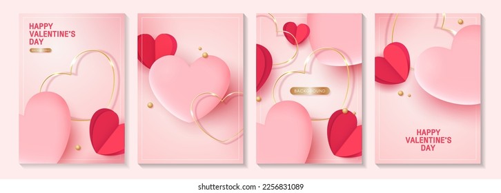 Valentine's day posters or banner set with pink hearts and gold heart. place for text. holiday banners, web, poster, flyers, voucher template, brochures and greeting cards. vector design.