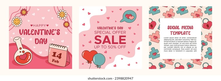Valentine's day posters. Valentine's day banner set. Happy Valentine's day. Romantic pattern. Post, social media template. Special offer, sale up to 50 % off