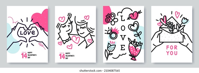 Valentines day posters collection in doodle style. Creative greeting cards for February 14. Love illustration set with symbols and characters. Ideal for flyers, invitation, brochure, banner, postcard