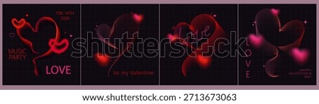Valentine's day posters, covers, cards set. Line art hearts with dotts. Heart-shaped curves. Brutalist style gradient line heart. Bright neon shades. Love party flyer, music festival concept
