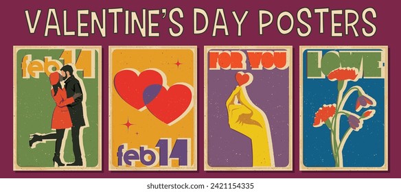 Valentine's Day Posters, February 14 Postcards, Retro Style Illustrations, Lovers, Hearts, Flowers