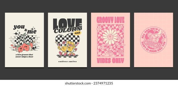 Valentine's Day posters or greeting cards with retro cartoon style. Groovy 70s poster, Vector illustration