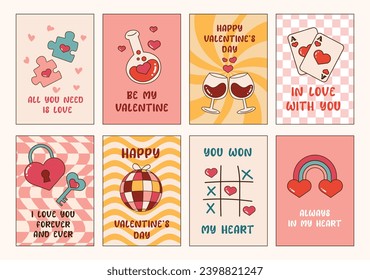 Valentine's Day posters or greeting cards with cute romantic elelments. Cartoon poster, Vector illustration. Creative concept of Happy Valentines Day card set. Love design with hearts.